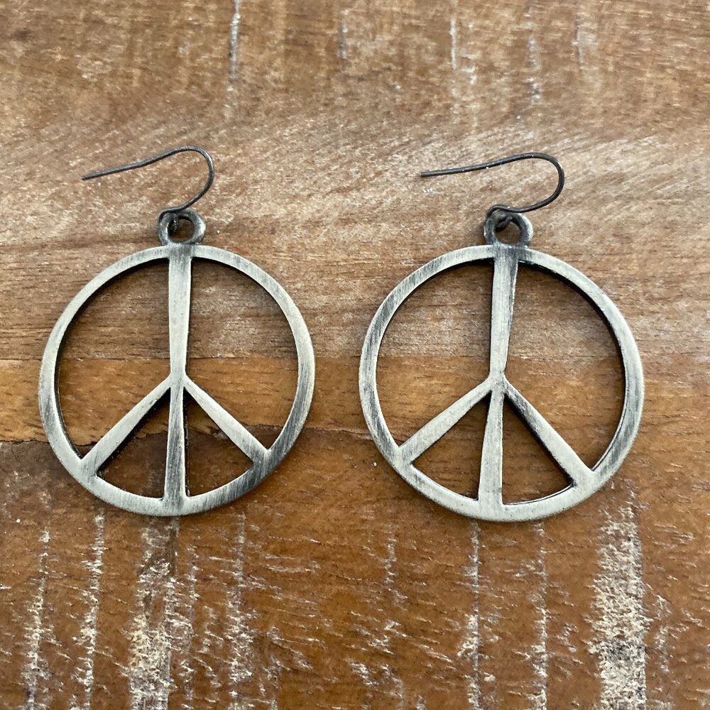 Big hand made silvertone Peace Sign drop earrings